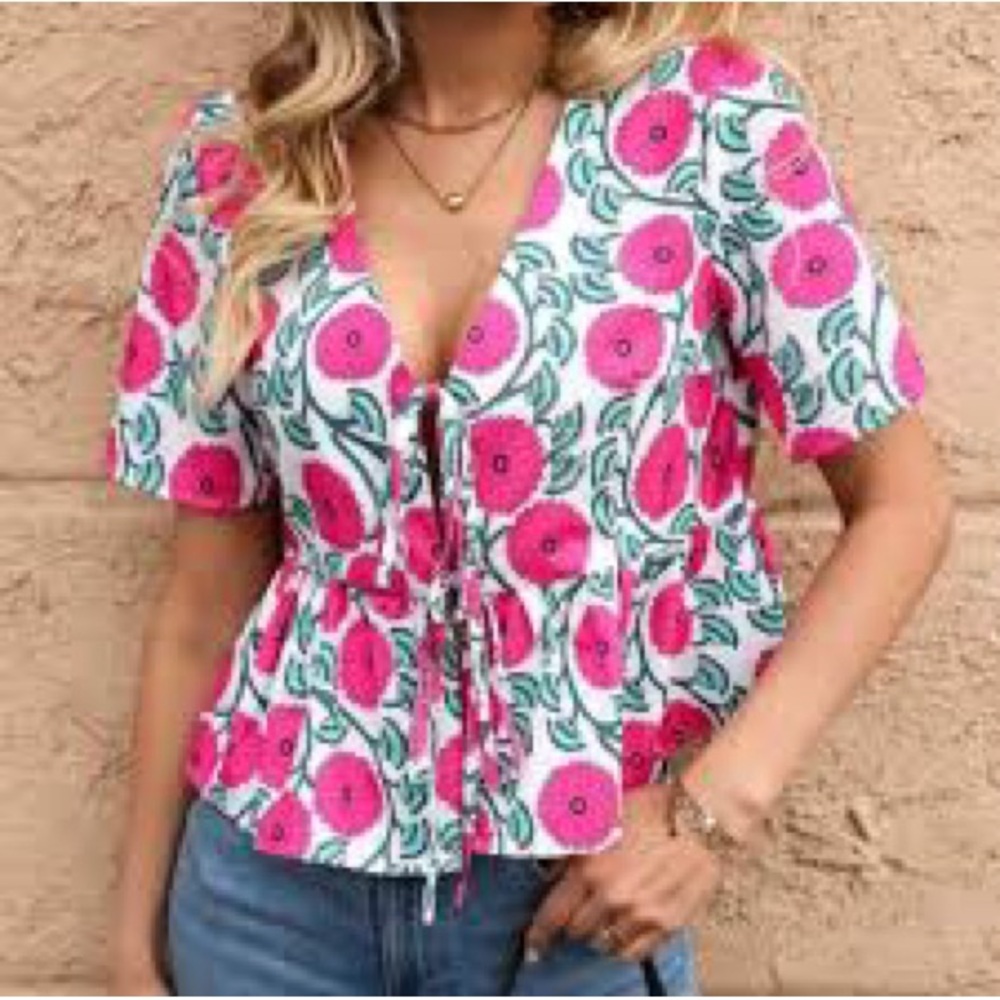 Fancy D Boutique Vibrant Pink Floral Blouse, Size M